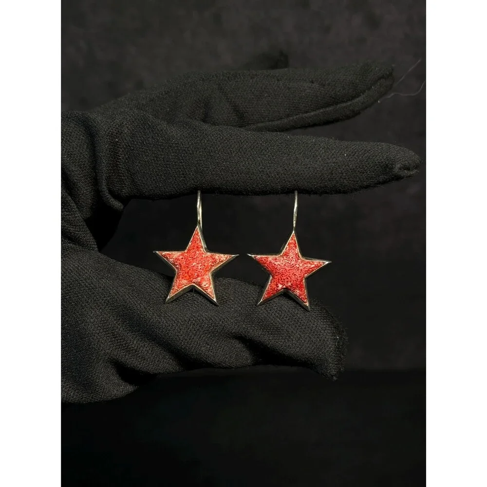 Vintage Devine 925 Sterling Silver Coral Star Dangle Earrings